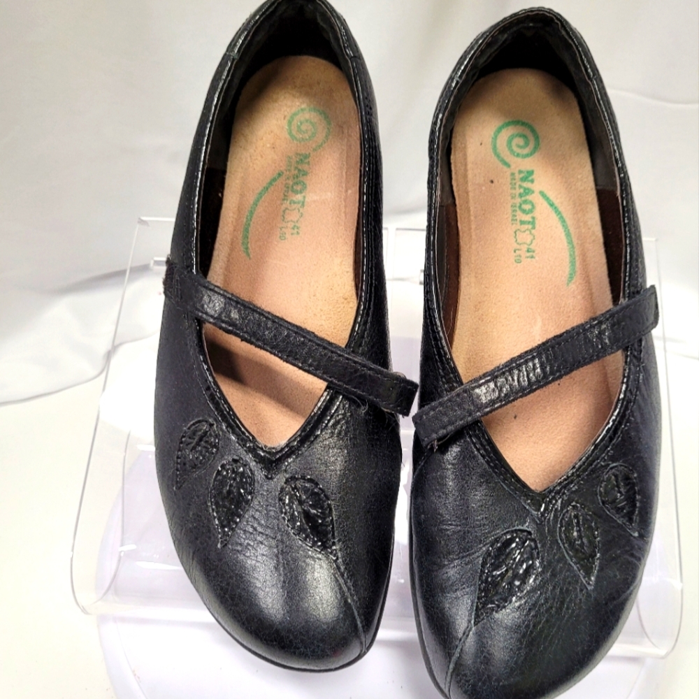 Naot Made In Israel Black Flats with Floral Embroidery